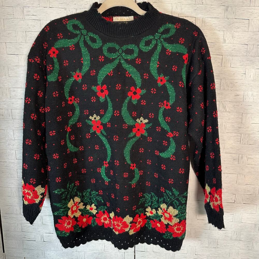 Dana Scott Christmas sweater black red‎ mock neck Robinson bows scallop hems